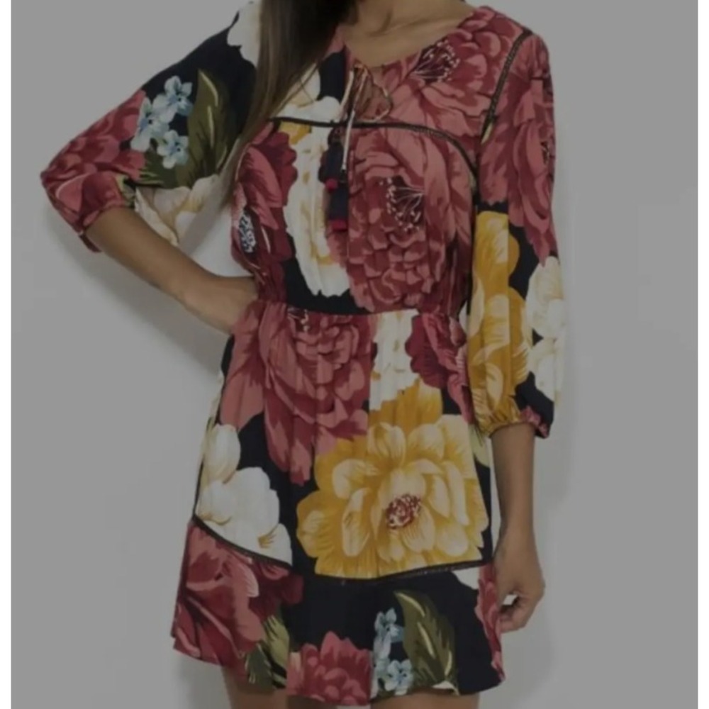 FARM Rio Floral 3/4 Sleeve Tiered Dress V-Neck Tassels Large Boho Resortwear